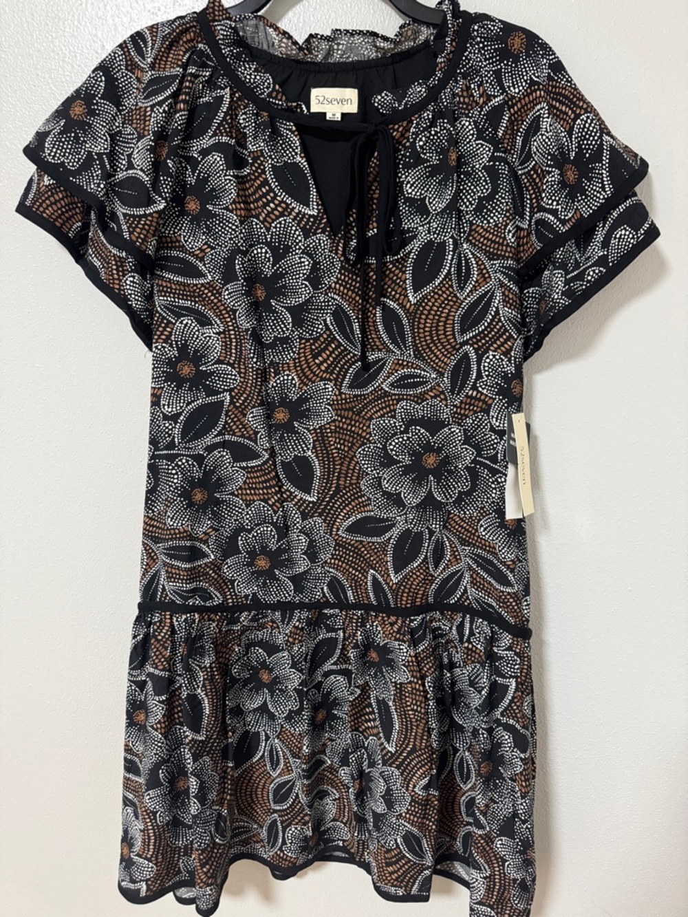 Seven7 Black Floral Tie-Front Flutter Sleeve Mini Dress